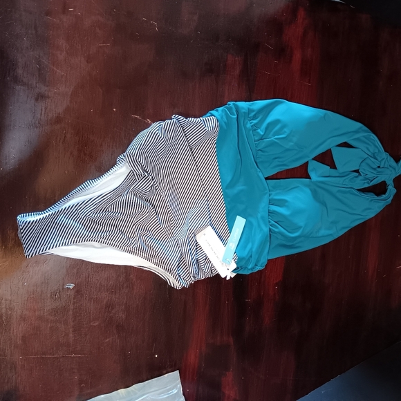 Cupshe Keeping You Accompanied Stripe One Piece Teal/ Navy/ White Size Med - Picture 3 of 5